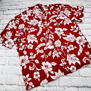 Alohawears Hawaiian Shirt Red White Hibiscus Print Cotton Men's 2X Made in USA